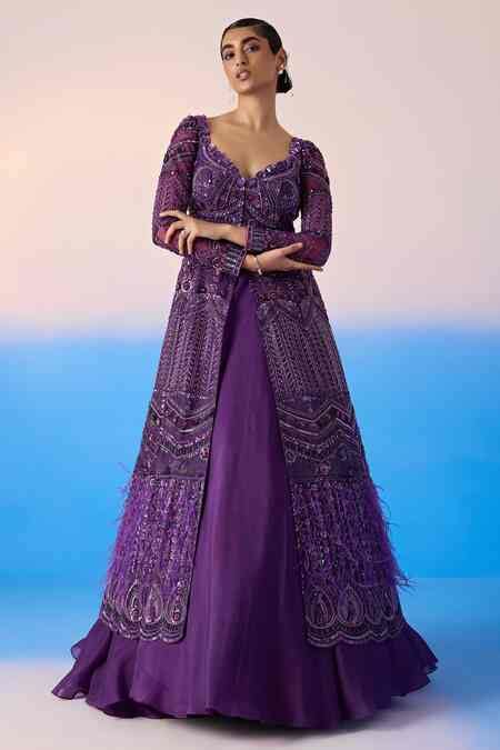 Buy Purple Net, Satin, Organza Floral Blossom Embellished Jacket With ...