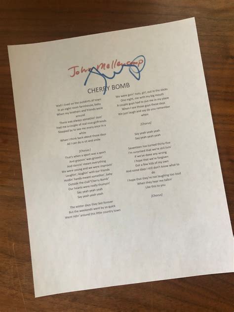 John Mellencamp Lyrics Cherry Bomb Signed by John Cougar Mellencamp ...