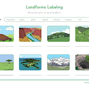 Landforms Labeling Worksheet for 1st-2nd Grade - Twinkl