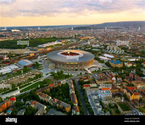 Amazing giant arena building in Hungary. illuminated Ferenc Puskas Stadium also known as Puskas ...