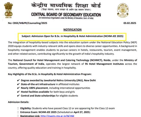 NCHM JEE 2025: Admission Open for B.Sc. in Hospitality & Hotel ...