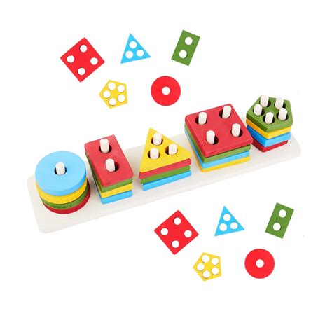 Bumtum Wooden 5 Shape Sorter & Stacking Toys | Geometrical Building ...