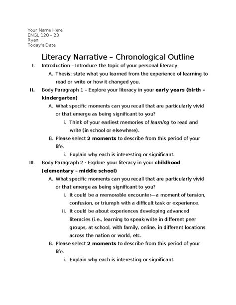 ENGL 120 - Literacy Narrative Outline Template for Personal Reflection ...