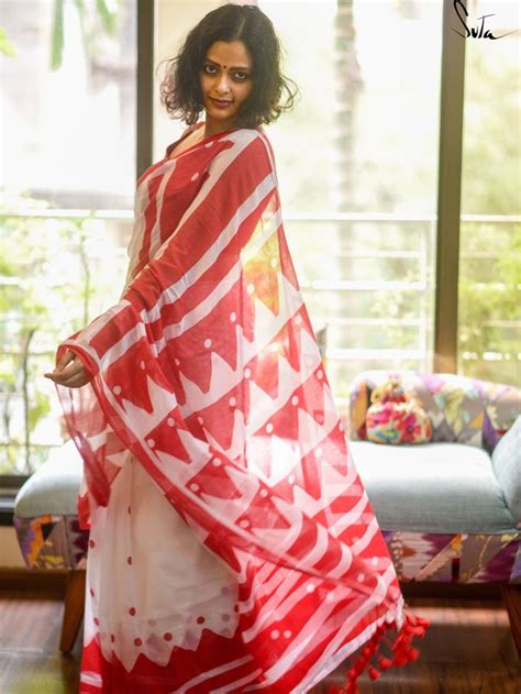 Cotton Multicolor Printed Red White Saree|Aalta|Suta