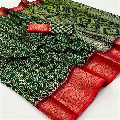 Green Foil Printed Dola Silk Saree