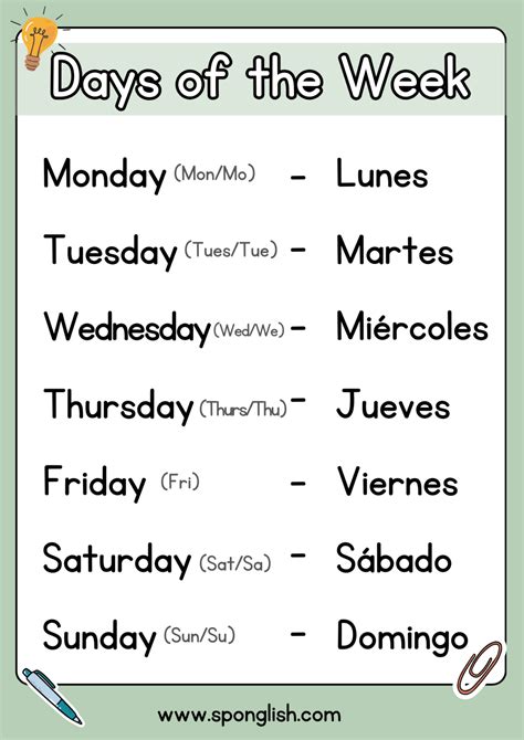 Los Días de la semana en Inglés y Español: Abreviaturas y más