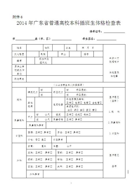 2014年广东省专插本考试体检表下载（新）