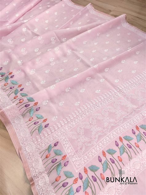Shop Baby Pink Floral Pichwai Design Embroidered Organza Saree – BUNKALA