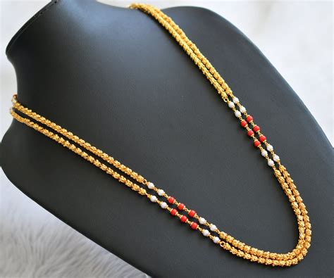 Gold tone 24 inches pearl-coral double layer chain dj-45532 – dreamjwell