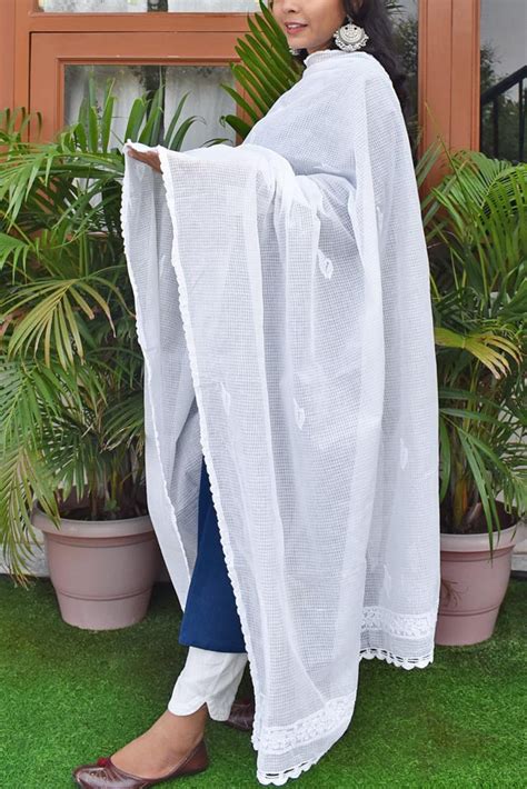 Handcrafted Kota Cotton Dupatta with Chikankari embroidery & crochet b ...