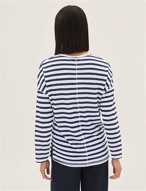Buy Linen Rich Striped V-Neck Long Sleeve Top at Marks & Spencer