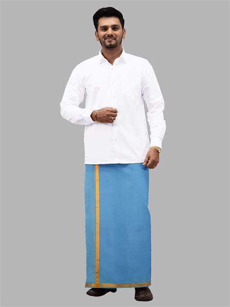 Men Cotton Blend Single Layer Blue Dhoti with Gold Jari Border Cosmic 4
