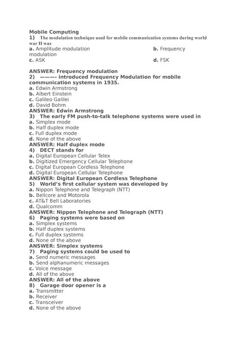 1 - Mobile Computing 1) The modulation technique used for mobile ...