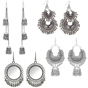 Buy Leadwort® Set of 4 Pair Designer Oxidised Jhumka Earrings Combo for ...