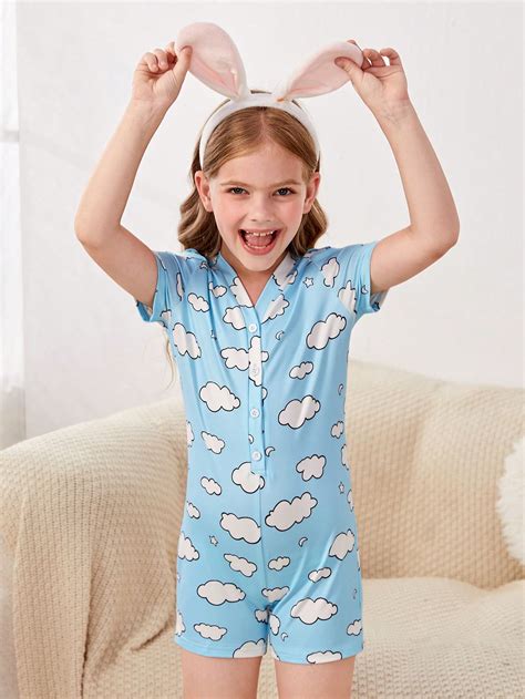 SHEIN Girls Cloud Print Button Front Pyjama Onesie | SHEIN UK