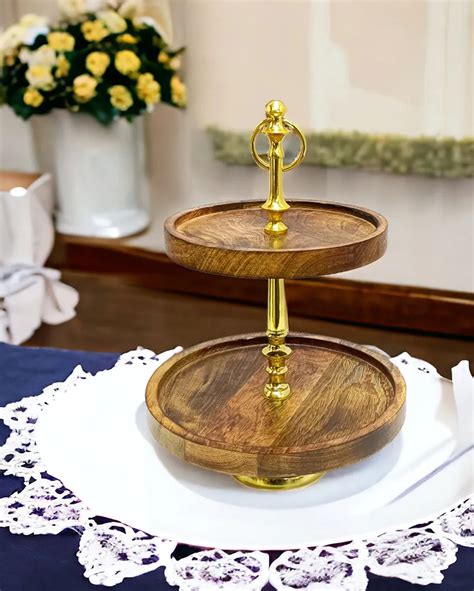 2 Tier Wooden Round Cake Stand | 10 x 10 x 14 inches – Dusaan