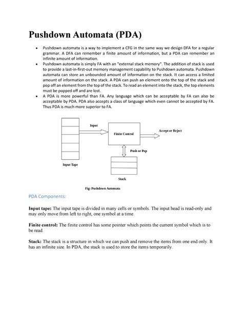 Push Down Automata - Pushdown Automata (PDA) Pushdown automata is a way ...