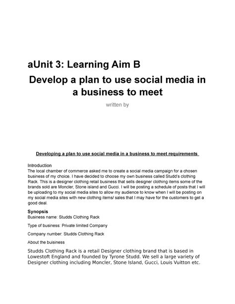 IT - it work - aUnit 3: Learning Aim B Develop a plan to use social ...