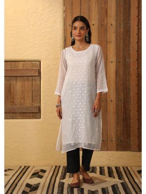 Buy House of Chikankari Kota Chikankari Womens Long Kurta With Inner ...