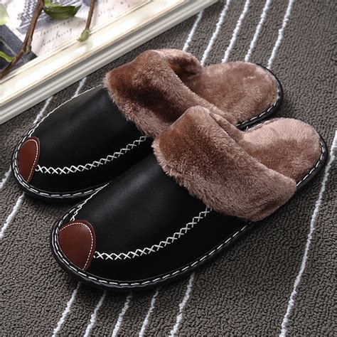 Men's Faux Leather Winter Slippers with Plush Lining and Non-Slip Sole ...