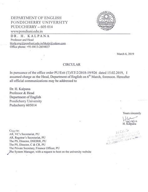 Assumption of charge as Head, Department of English, Pondicherry ...