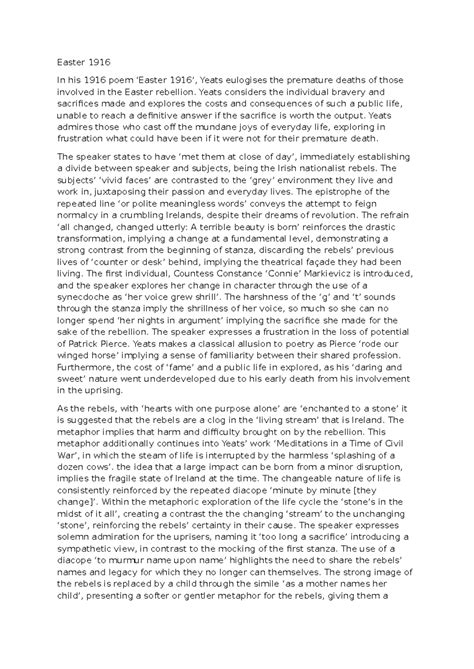 Easter 1916: Analyzing Yeats' Poem on Rebellion and Sacrifice - Studocu
