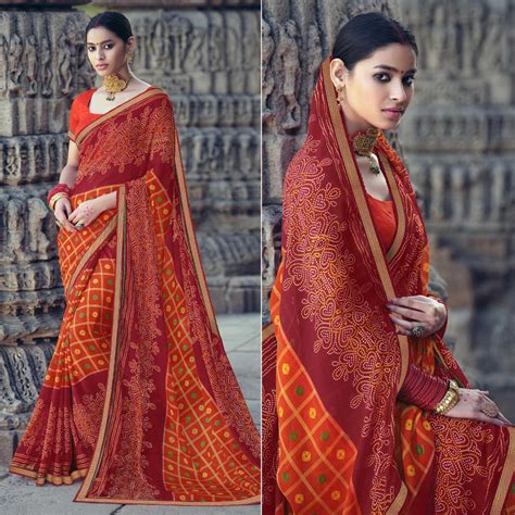 Orange-Red Bandhani Printed With Fancy Border Chiffon Saree