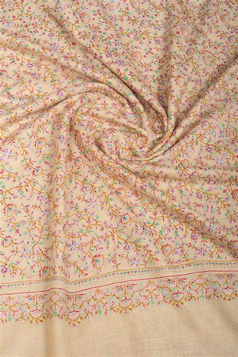 Mellifluus Pastel Cream Jaali Sozni Embroidered Pashmina Shawl ...