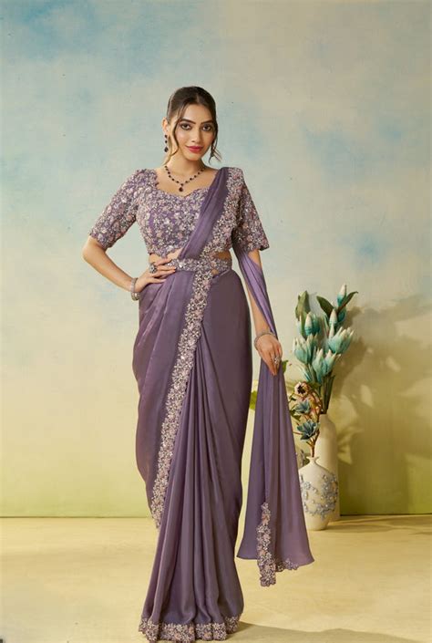 celeb style lavender one minute sari with designer blouse and belt