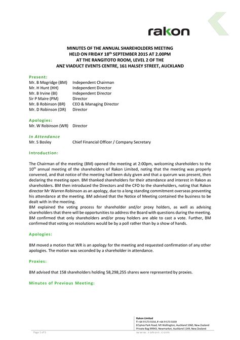 Annual Shareholder Meeting Minutes Template
