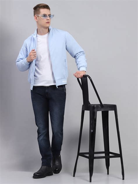 Buy Men Sky Blue Solid Mock Neck Full Sleeve Jacket Online in India ...