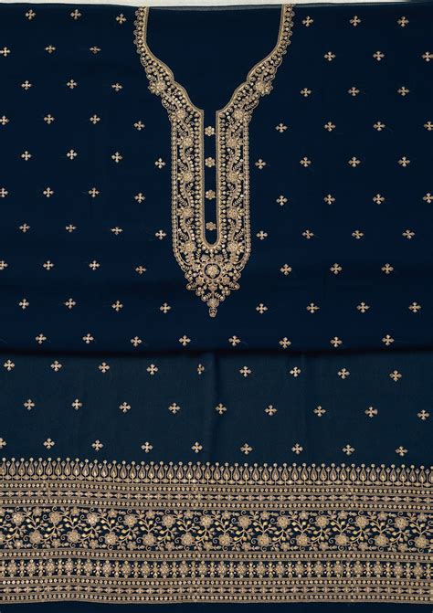 Buy Navy Blue Threadwork Georgette Unstitched Salwar Suit - Koskii
