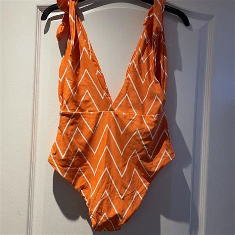 SHEIN Women's Orange and White Swimsuit-one-piece | Depop