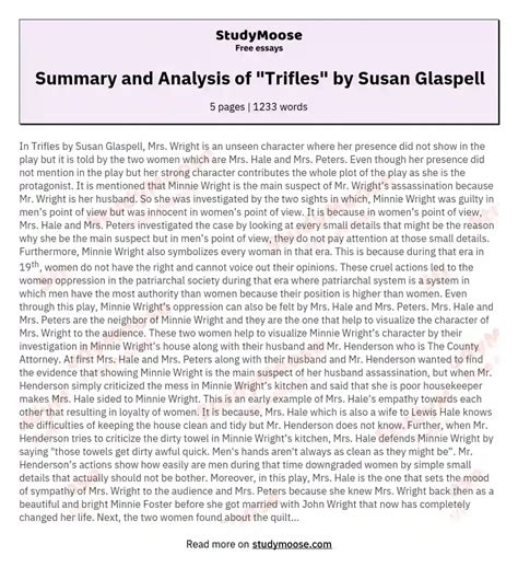 Summary and Analysis of "Trifles" by Susan Glaspell Free Essay Example