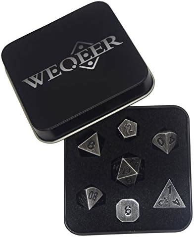 WEQEER RPG Metal Dice Set - 7 Antique Silver Finish Dice with Black Tin ...