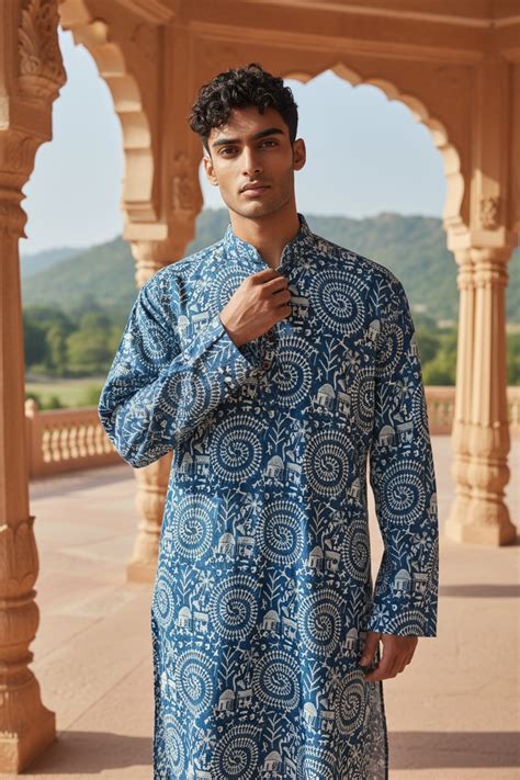 Blue Warli Printed Full Sleeves Long Kurta for Men – Jaipuri Stitch