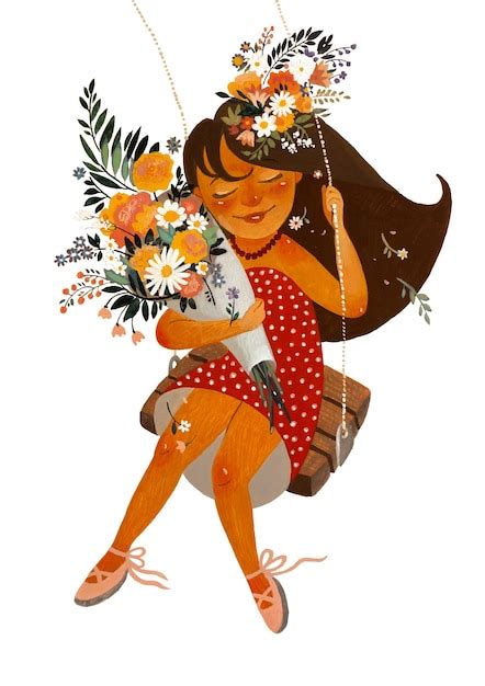 Ilustração com tintas acrílicas. Garota voadora com flores em um ...