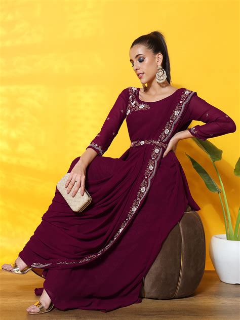 AYNS51 Pre Draped Saree Style Dress with Sequin Cut dana Embroidery ...
