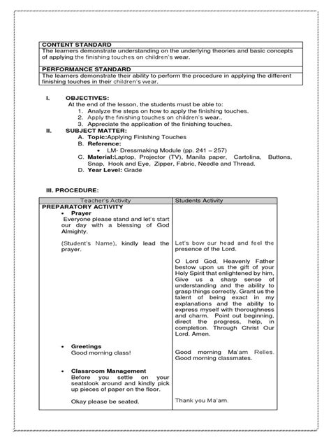 Image result for Sample Lesson Plan Dressmaking