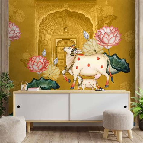 Yellow Pichwai Wallpaper for Lobby and Temple Walls | Life n Colors