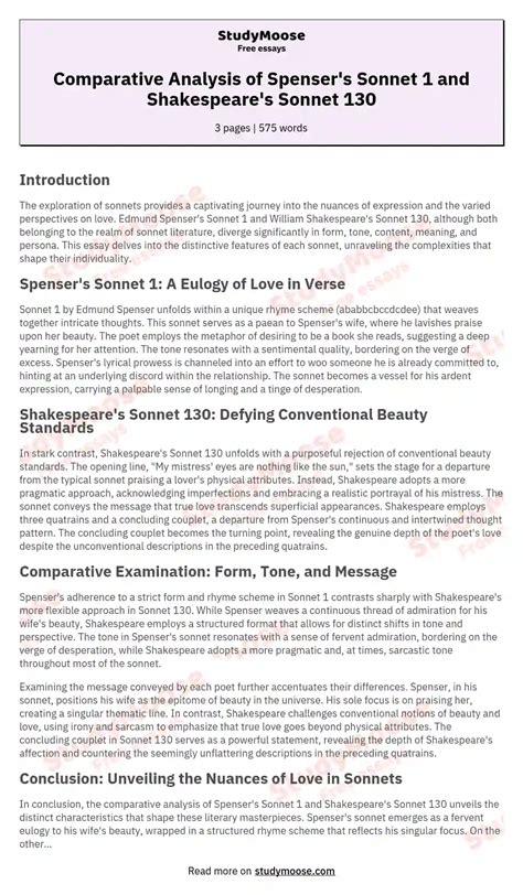 Comparative Analysis of Spenser's Sonnet 1 and Shakespeare's Sonnet 130 ...