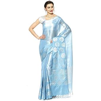 Buy Banarasi Silk Works Blue Silver Zari Kanchi Silk Tanchoi Meena ...