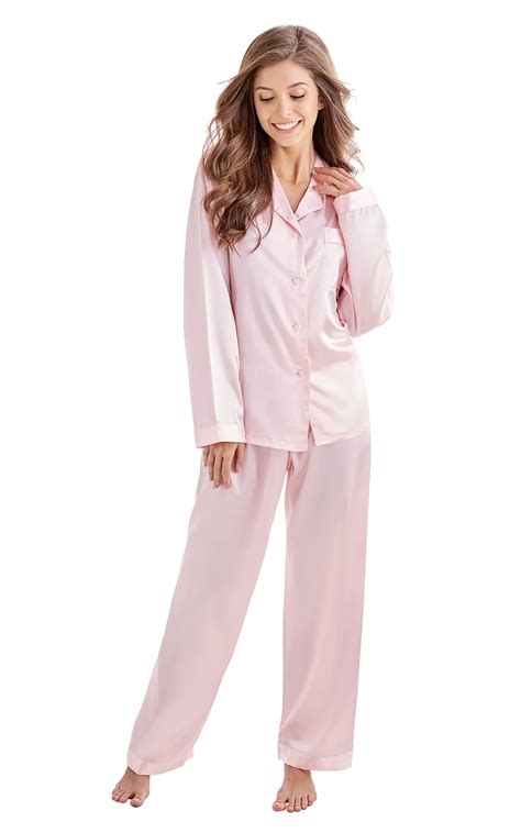 Women's Silk Satin Pajama Set Long Sleeve-Light Pink with White Piping ...