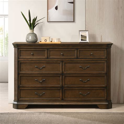 Maderne Traditional 9-Drawer Wood Dresser for Bedroom, Antique Walnut ...