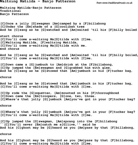 Traditional Song Waltzing Matilda - Banjo Patterson with Chords, Tabs ...