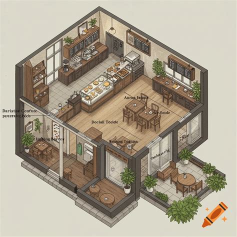 Isometric illustration of a cafe floor plan showing seating, counter ...