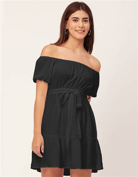 Off Shoulder Solid Rayon Gathered Dress - Moomaya