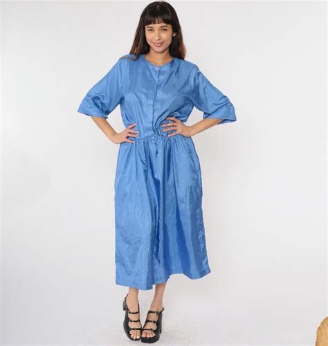 Vintage Shirt Dress 80s Shiny Blue Midi Shirtwaist 1/2 Sleeve Secretary ...