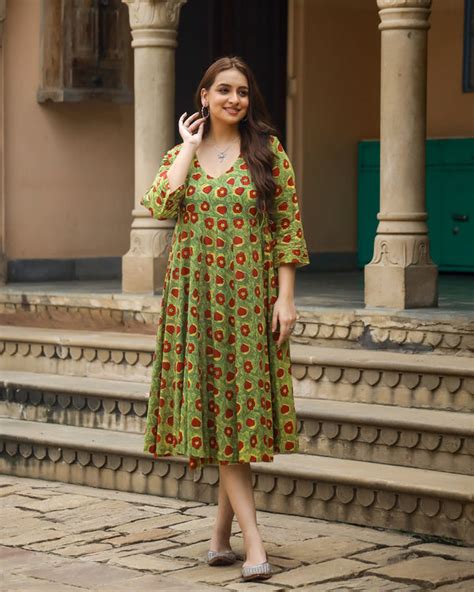 Yellow Handblock Printed Cotton Baisa Dress | Baisacrafts
