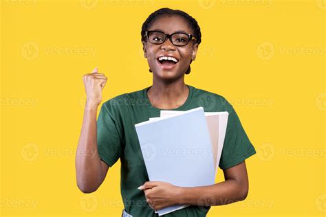 African Student Girl Gesturing Yes After Successful Exam Holding Notebooks Posing Smiling To ...